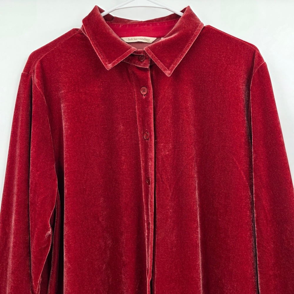 SOFT SURROUNDINGS VELVET BOYFRIEND TUNIC SHIRT WOMENS PETITE LARGE RED BUTTON UP - Picture 4 of 14